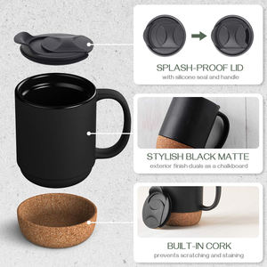 Kraff R 15 oz Café Tasses Grandes Tasses En Céramique avec Isolé Liège et Splash Preuve Couvercle Café Tasse Avec Poignée Cadeaux pour Hommes - Product Image 6