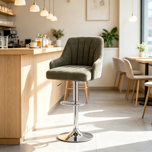 Sgabello da Bar Girevole Regolabile in Altezza con Base Cromata Contemporanea, Schienale e Braccioli Fissi, Rivestimento in Velluto per Hotel e Ristoranti Commerciali - Product Image 5