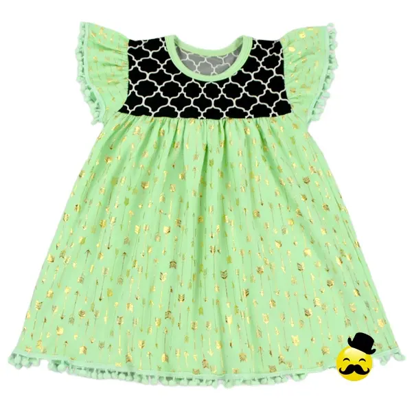 48BQA051 Yihong Sweet Toddler Girls Gold Arrow Printed Flutter Pom Pom Cotton Dress Baby Body Frock Designs