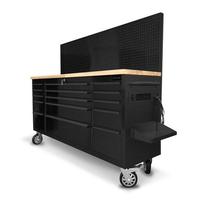 Banc de travail à roulettes 1828 mm (72 po) Série Noire à 15 tiroirs avec panneau perforé et armoire à outils pour usage en atelier, personnalisable OEM/ODM
