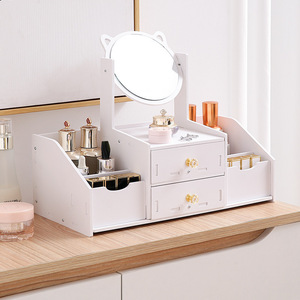 Cosmetic Storage Box With <b>Mirror</b> Desktop Vanity Organizer Rotating Creative Makeup Holder For Bedroom Dormitory - Product Image 3