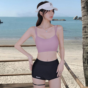 Maillot de bain deux pièces pour femmes, manches longues, protection solaire UPF50 +, maillot de bain de sport, rose et gris, col rond, taille adulte - Product Image 2