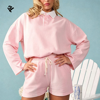 Ensemble streetwear deux pièces pour femme, sweat-shirt à col polo rayé rose et short, 100% coton, tenue décontractée