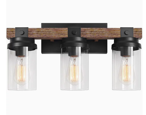 Modern 3-Light LED Vanity Light Matte Black Iron Frame with Oak Wood Accents Glass <strong>Shades</strong> E26 Socket Hotel <strong>Bathroom</strong> Wall <strong>Lamp</strong> - Product Image 3