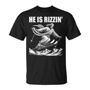 Camiseta de esquí de Jesús Cristo, diseño Rizzin' Snow Christian Jump, negra, promocional para hombre - Product Image 1