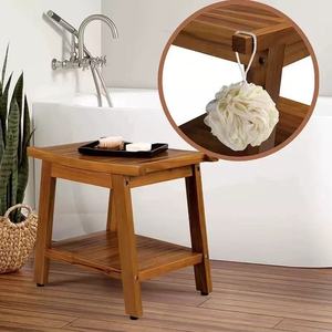 Tabouret de douche en teck 50,8x35,5x45,7 cm avec étagère de rangement double couche pour salle de bain - Product Image 2