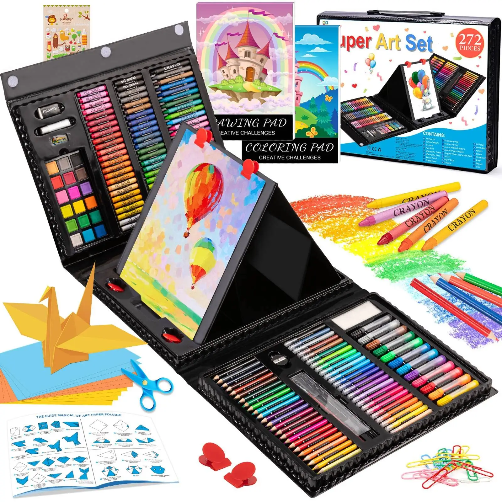Großhandel Kunst liefert Kunststoff Box Art Sets Zeichnung sset für Kinder mit dreifach gefalteten Staffelei Zeichenblock Pastelle Buntstift Bleistift Aquarell