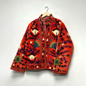 Elegant Red <b>Velvet</b> Suzani Embroidered <b>Jacket</b> with Floral Pattern Full Sleeve Stand Collar Bohemian Women's Winter Outerwear - Product Image 1