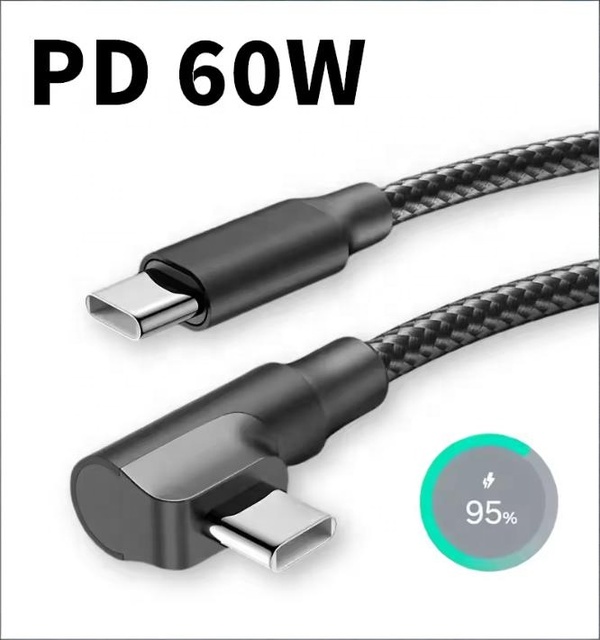 90 Degree PD 60W Dual Type c to Type c Cable Nylon Braided With Gaming Elbow Design Game Player Use Cellphone Charger Cable