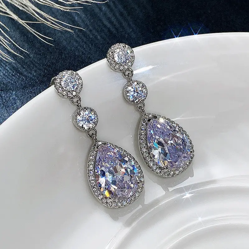 Popular new luxury bride wedding water drop earrings copper inlaid silver AAA zircon earrings jewelry for women