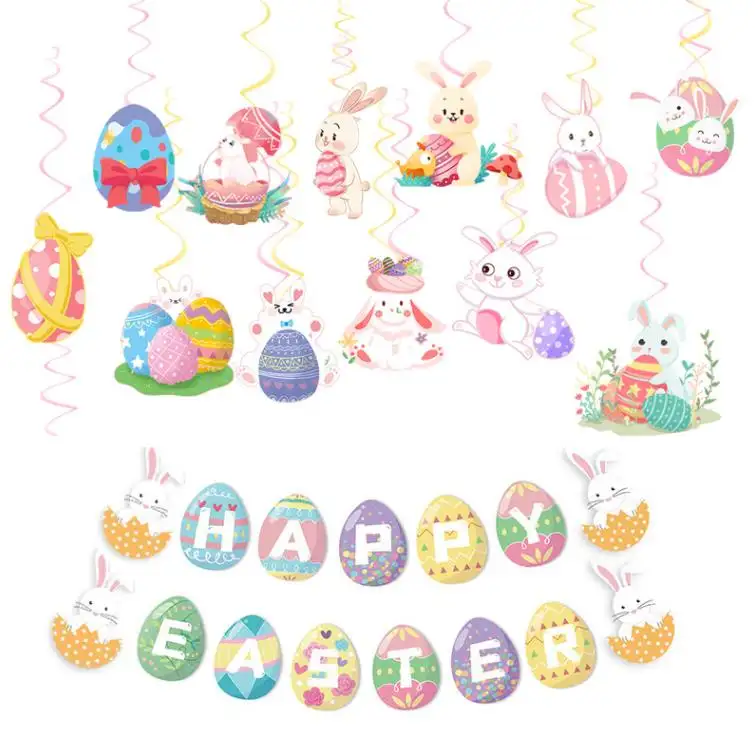 Neuankömmling Happy Easter Bunny Ei Spiral Anhänger ziehen Flagge Set niedlichen Ostern Banner Party Dekorationen für zu Hause
