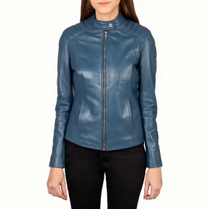 Nouvelle veste de motard en cuir véritable bleu pour femme, col montant, épaules matelassées, en peau de mouton, fermeture éclair avant, coupe ajustée, personnalisée, chaude, pour l'extérieur - Product Image 1