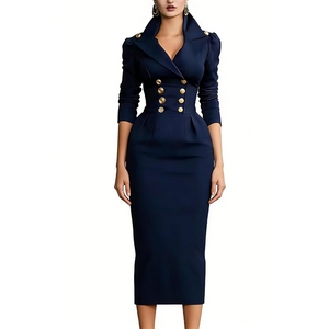 Robe moulante mi-longue à col revers et double boutonnage pour femme - Manches longues - Tendance - Product Image 3