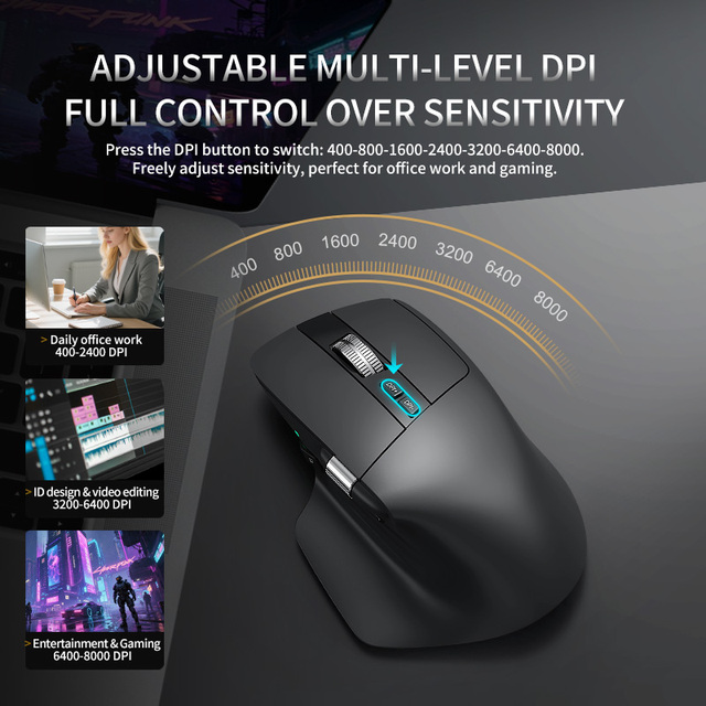 Fast Scroller Wheel 8000DPI Three Mode Track on Glass Wireless Mouse Ergo Rechargeable BT Mouse PAW3220 for Office and Gaming