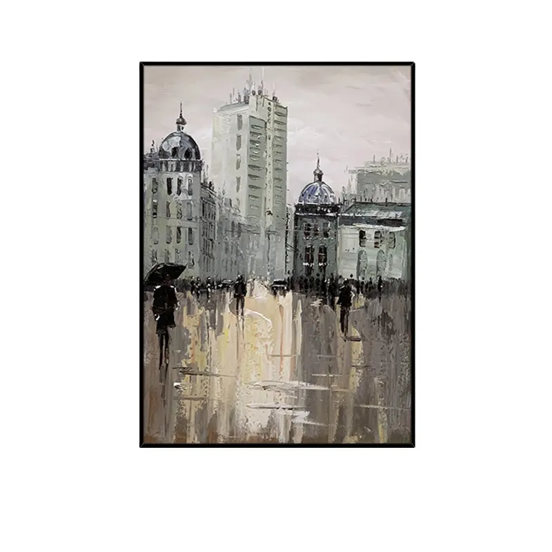 現代の純粋な手描きの都市建築わびさびスタイルの黒と白の灰色の風景油絵アート
