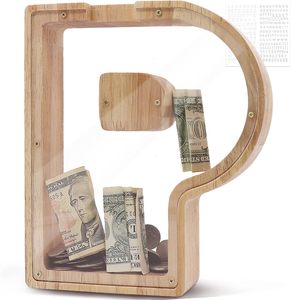 Double-sided transparent acrylic wooden money box coin bank Alphabet wooden letter piggy bank for kids