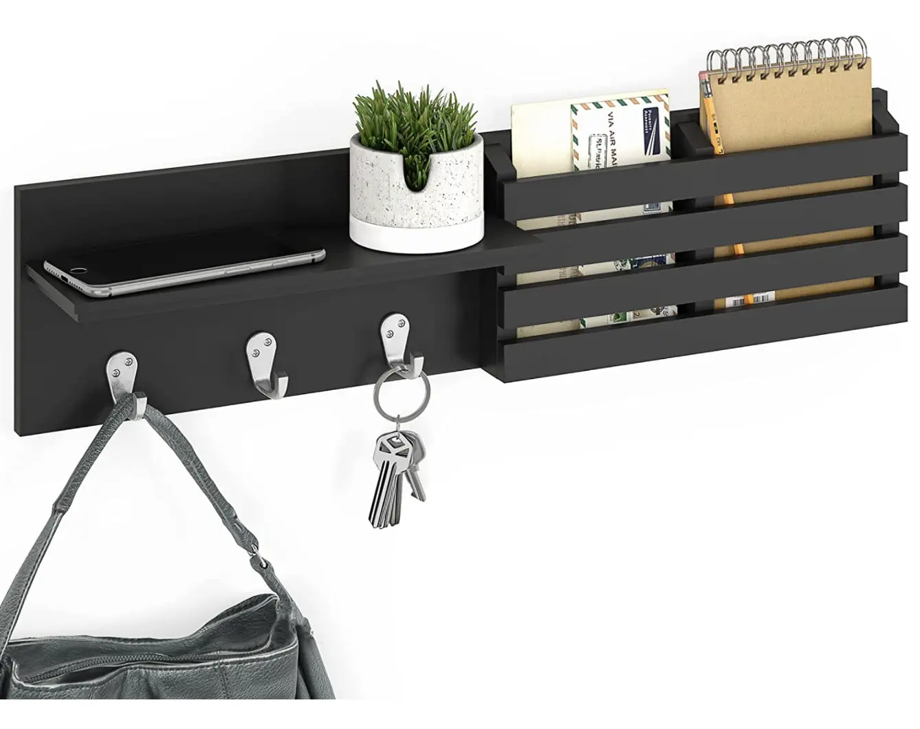 Black Wall Hanging Wood Coat Rack Mail and Key Holder Mail Sorter Organizer For Entryway, Mudroom, Kitchen, Office