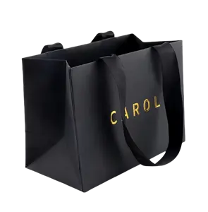 Toptan özel yüksek kalite baskılı siyah lüks alışveriş hediye kağıt torba kendi logosu ile