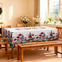 Nappe de table de qualité supérieure avec imprimé de fleurs de pavot rouge et bleu, fond à motif quadrillé, housse de table imperméable pour la décoration de salle à manger, vente en gros