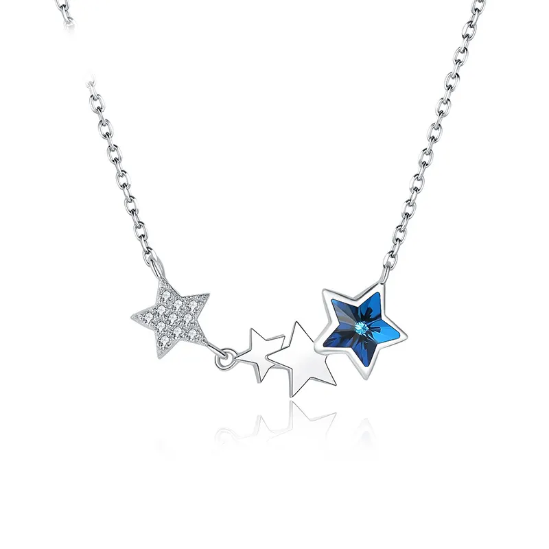 Yıldönümü hediyesi 925 ayar gümüş kadın mavi avusturya kristal yaka takı çok yıldız kolye kolye