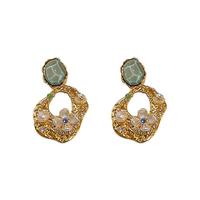 Boucles d'Oreilles Pendantes en Acier Inoxydable Style Vintage, Fleur Creuse Carrée Zircon et Perle