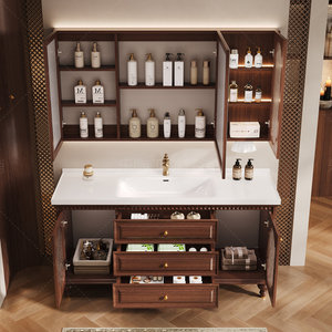 Mueble de baño retro de madera maciza, gabinete con espejo integrado y almacenamiento, encimera de mármol. - Product Image 5