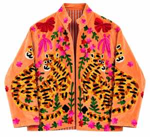 Premium Peach <b>Velvet</b> Handmade Tiger Bomber <b>Jacket</b> <b>Women</b> Quick Dry Breathable Winter V-neck Designer Outerwear B2B Wholesale Expo - Product Image 6