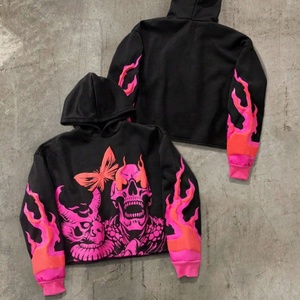 Sweat à capuche streetwear personnalisé en gros, coupe ample et courte, 400 g/m², imprimé 3D en relief tête de mort et flammes, pour homme - Product Image 2