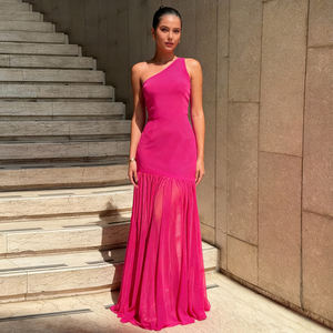 Robe longue élégante asymétrique en maille style vacances, design patchwork, robe de plage d'été à épaules dénudées - Product Image 5