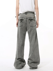 Custom Factory OEM da <span class=keywords><strong>uomo</strong></span> di nicchia Retro cintura diritta ampia <span class=keywords><strong>grigio</strong></span> <span class=keywords><strong>Jeans</strong></span> <span class=keywords><strong>Jeans</strong></span> larghi larghi per gli uomini - Product Image 3