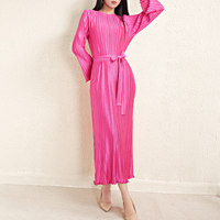 Nouvelle Robe Plissée Miyake en Polyester de Haute Qualité 2026 pour Femme, Manches Longues, Col Rond Ample, Ceinture, Robe Élégante