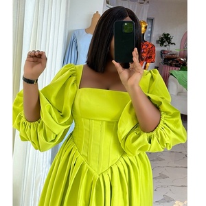 2024 nuovo autunno Plus Size colore puro manica lunga lanterna collo quadrato una linea plissettata abito <span class=keywords><strong>Midi</strong></span> donna - Product Image 3