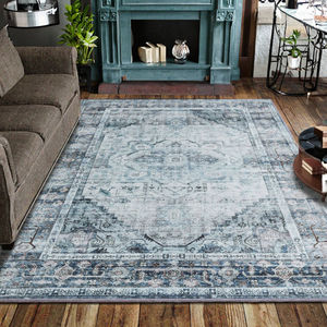 Tapis vintage bohème de luxe à poils courts, imprimé floral, antidérapant, 5x7, bleu, polyester, lavable, moderne, pour salon, tapis de sol - Product Image 3