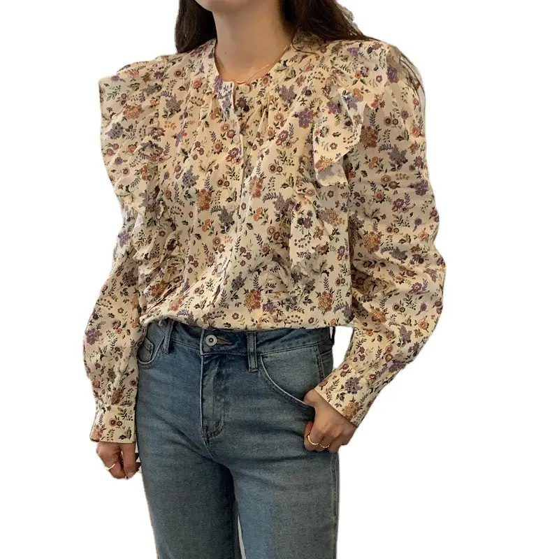 थोक कस्टम महिलाओं के आकस्मिक या औपचारिक लंबी बाजू झालरदार शर्ट वसंत में सबसे ऊपर