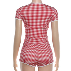 Conjunto Casual de Verano de 2 Piezas con Estampado a Cuadros para Mujer, Camiseta de Manga Corta con Cuello Redondo + Mini Shorts Ajustados de Alta Elasticidad, Estilo Urbano y Sexy - Product Image 4