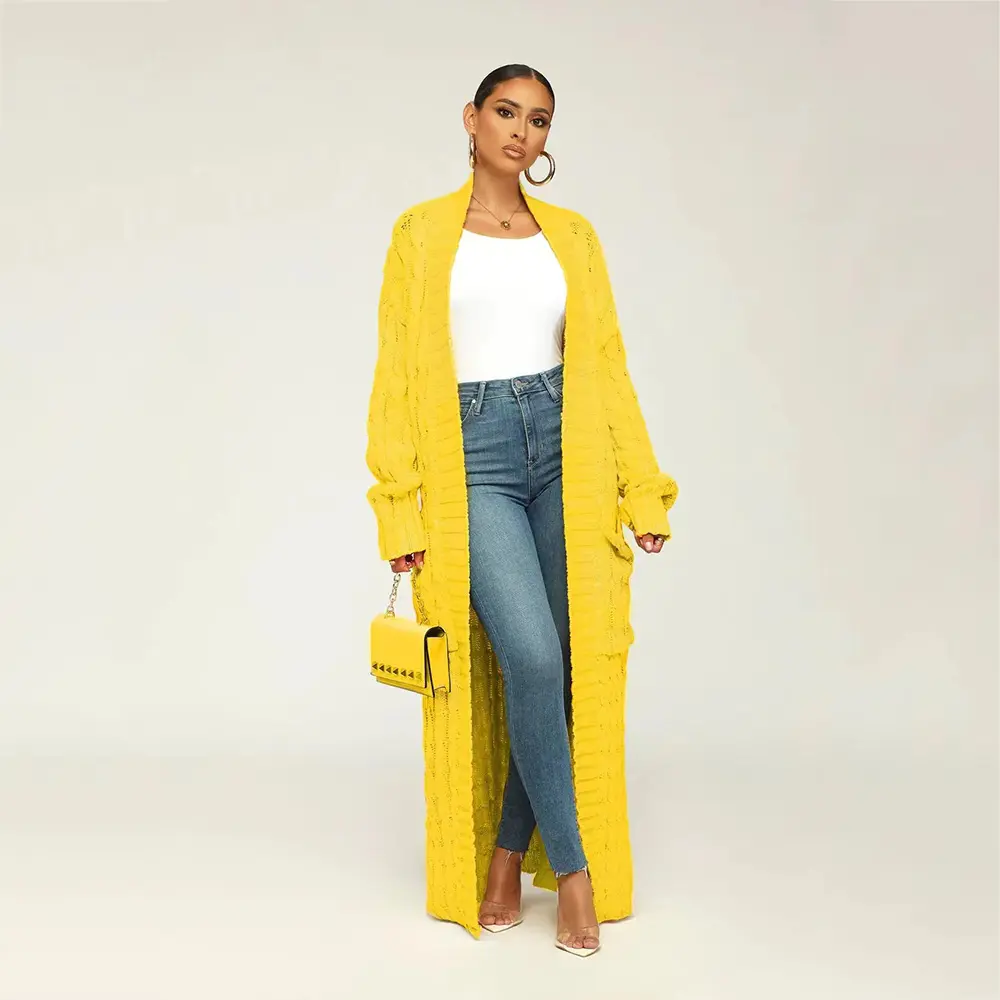 2022 Custom woman winter cardigan femme oversized maxi long sleeve cable knitted wool cardigan coat women sweater for women