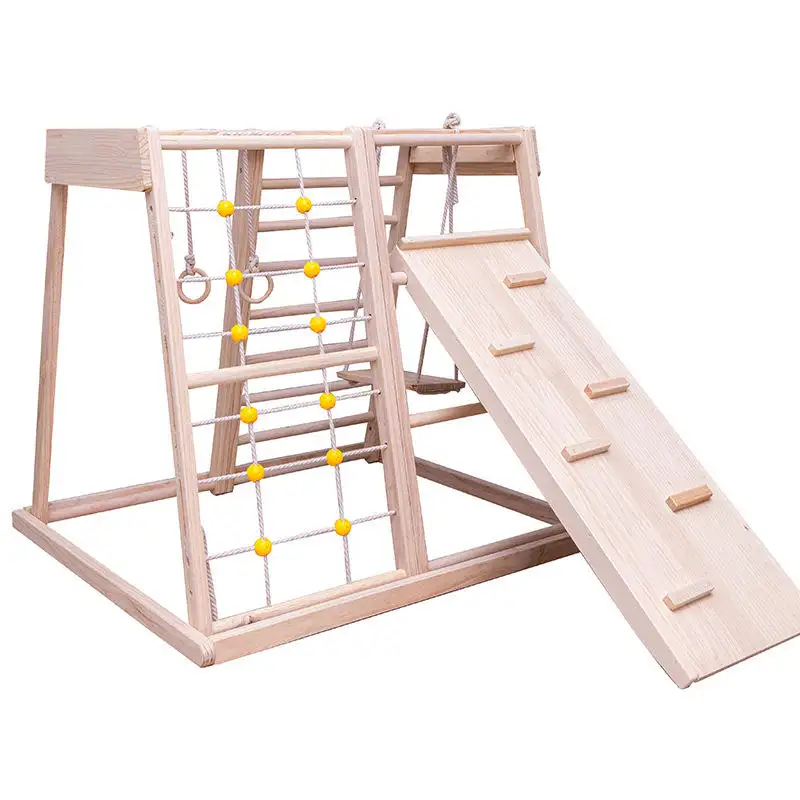 kids wood climbing frame indoor playground wood slide for kids indoor wooden baby slide and swing climb rope ladder