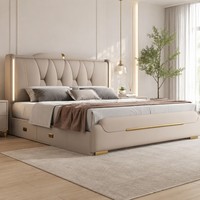 Cadre de lit de luxe beige avec tête de lit haute en similicuir pour ensembles de chambre à coucher modernes