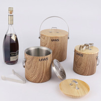 Seau à glace portable en acier inoxydable double paroi, style luxe léger, finition grain de bois de pêche, design moderne et minimaliste, capacité 1,4L-3,0L