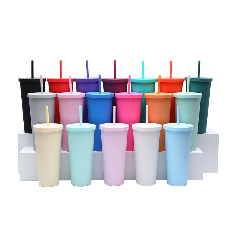 Diskon besar dapat digunakan kembali cangkir minum plastik 24oz Multi Warna Hitam Tumbler dengan tutup dan sedotan