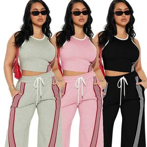 เสื้อกล้ามครอปแขนกุดลายทางสำหรับผู้หญิงและกางเกงขายาว ชุดลำลอง 2 ชิ้น - Product Image 5