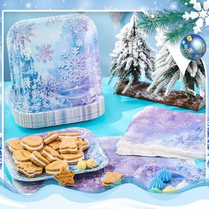 Ensemble d'assiettes et de serviettes en papier flocon de neige pour l'hiver, vaisselle jetable décorative pour anniversaire d'hiver et Nouvel An - Product Image 2