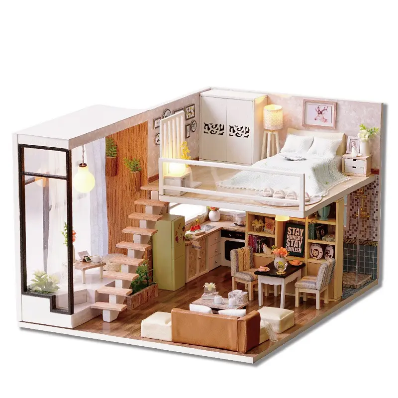 Hochbegehrtes Holz-Dollhaus-Miniatur-Haus-Set aus Holz DIY LED-Spielzeug Möbel mit Geschenk für Mode-Puppen-Enthusiasten