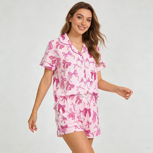 Ensemble de pyjama décontracté deux pièces pour femme à <span class=keywords><strong>manches</strong></span> <span class=keywords><strong>courtes</strong></span> en tissu tricoté doux avec taille élastique – Vente en gros - Product Image 5