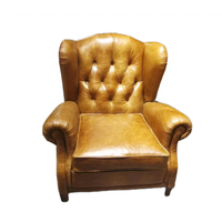 Fauteuil d'appoint de luxe vintage en cuir véritable marron, style Mid-Century, avec boutons capitonnés et dossier ailé, pour hôtel, bureau à domicile, salle à manger et villa