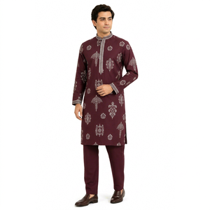 <b>Men</b> Ethnic Maroon Embroidered Cotton Kurta <b>Pyjama</b> Set Wedding Wear Designer Long Kurta Indian Pakistani Traditional Suit - Product Image 1