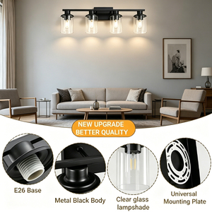 Lámpara de <span class=keywords><strong>Espejo</strong></span> de <span class=keywords><strong>Baño</strong></span> Negra de 4 Luces, Lámparas LED para <span class=keywords><strong>Espejo</strong></span>, <span class=keywords><strong>Luz</strong></span> de Vanidad con Pantallas Cilíndricas de Cristal Transparente, Aplique de Pared - Product Image 5