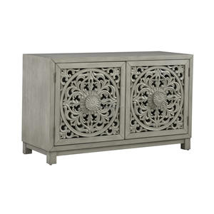 Gabinete de buffet de cuatro puertas atractivo antiguo, diseño Floral de Mandala tallado a mano, acabado Gris desgastado para sala de estar, comedor, Hotel - Product Image 4