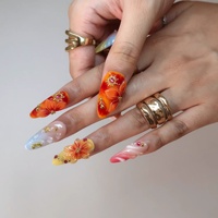 Ongles à presser en acrylique 3D effet coucher de soleil, motif vague florale, faits main, avec étoile de mer, coquillage et strass, personnalisables, vente en gros, pour voyages à la plage
