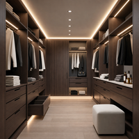 Armoire dressing moderne de luxe en bois foncé sur mesure avec coiffeuse et porte vitrée, meuble de chambre principale modulaire